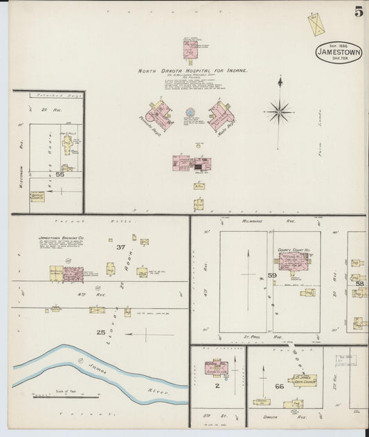 Sanborn Fire Insurance Map from Jamestown, Stutsman County, North Dakota (1886), Sheet #0005 - Historic Sanborn Fire Insurance Map Print, vintage old map wall art, antique decor, genealogy gift, North Dakota North Dakota map