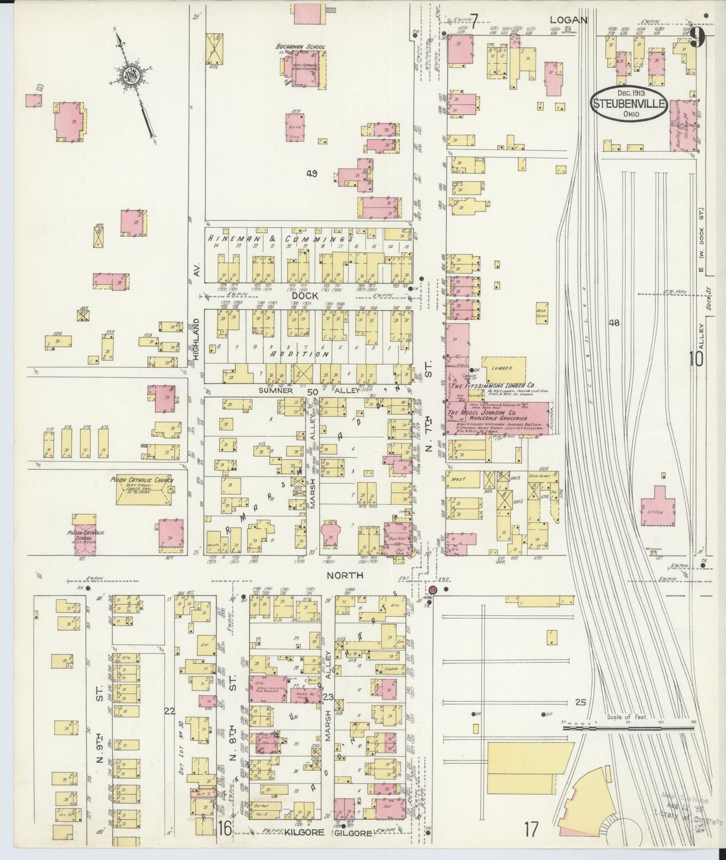 Sanborn Fire Insurance Map from Steubenville, Jefferson County, Ohio (1913), Sheet #0009 - Complete Map Set gallery image, historic Sanborn map, vintage wall art, Ohio Ohio