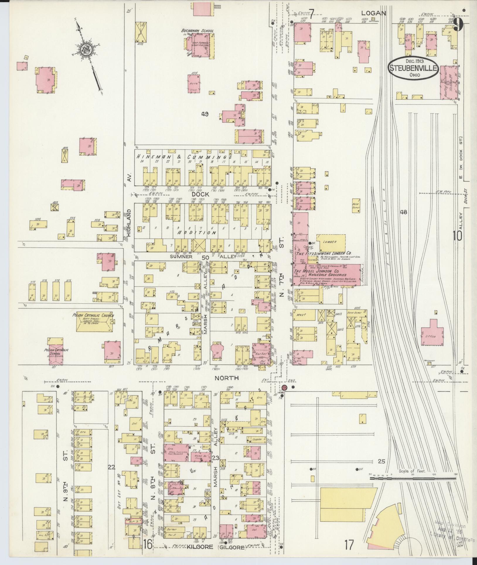 Sanborn Fire Insurance Map from Steubenville, Jefferson County, Ohio (1913), Sheet #0009 - Complete Map Set gallery image, historic Sanborn map, vintage wall art, Ohio Ohio