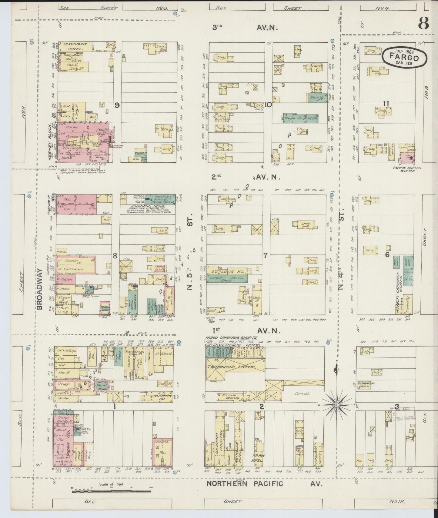 Sanborn Fire Insurance Map from Fargo, Cass County, North Dakota (1888), Sheet #0008 - Historic Sanborn Fire Insurance Map Print, vintage old map wall art, antique decor, genealogy gift, North Dakota North Dakota map