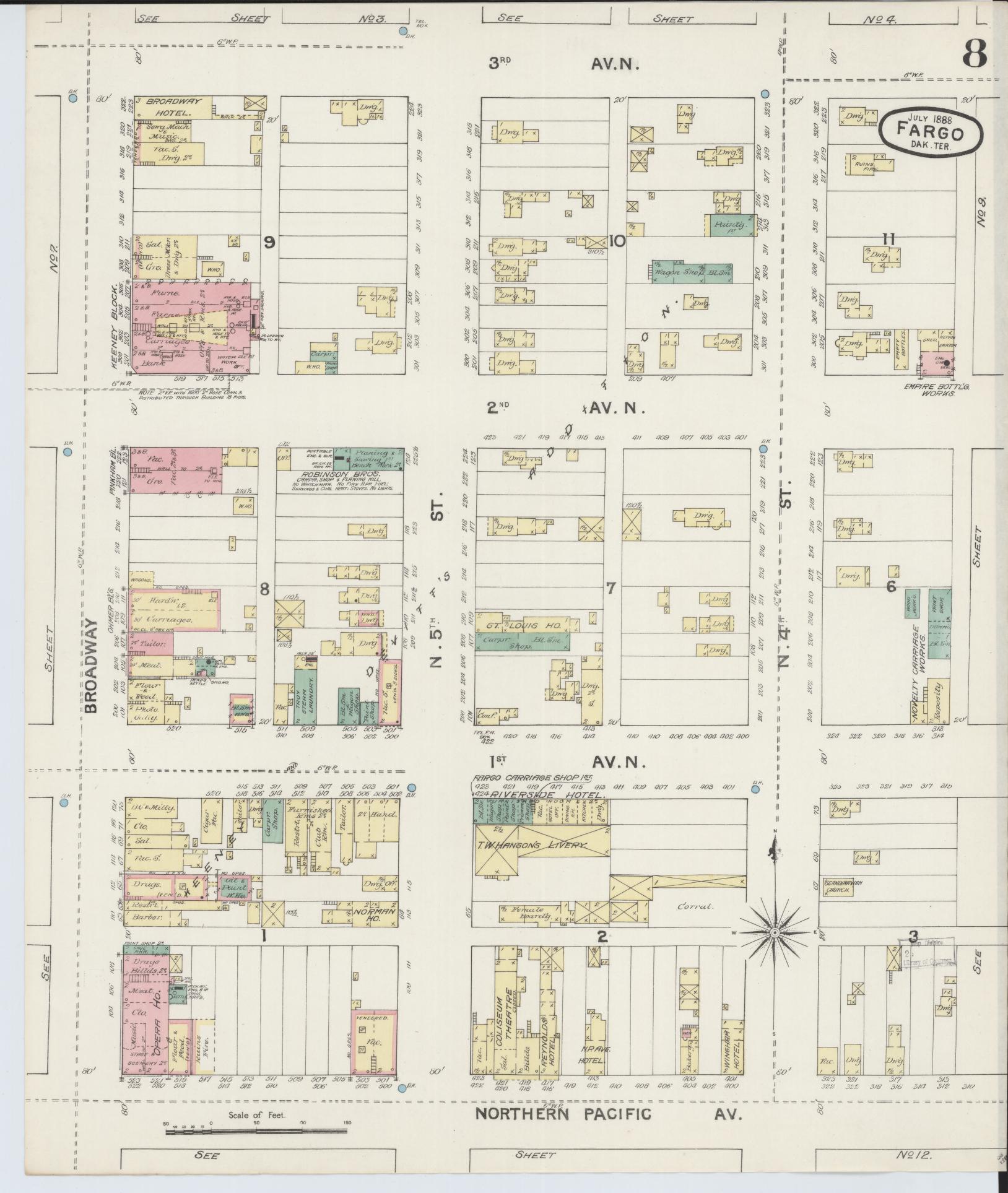 Sanborn Fire Insurance Map from Fargo, Cass County, North Dakota (1888), Sheet #0008 - Historic Sanborn Fire Insurance Map Print, vintage old map wall art, antique decor, genealogy gift, North Dakota North Dakota map