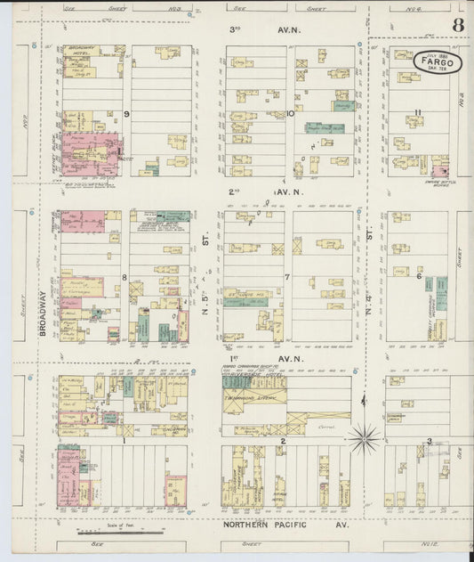 Sanborn Fire Insurance Map from Fargo, Cass County, North Dakota (1888), Sheet #0008 - Historic Sanborn Fire Insurance Map Print, vintage old map wall art, antique decor, genealogy gift, North Dakota North Dakota map