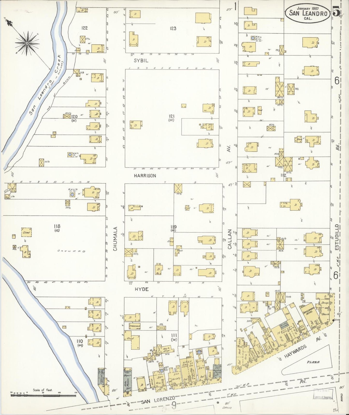Sanborn Fire Insurance Map from San Leandro, Alameda County, California (1907), Sheet #0005 - Complete Map Set gallery image, historic Sanborn map, vintage wall art, California California