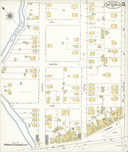 Sanborn Fire Insurance Map from San Leandro, Alameda County, California (1907), Sheet #0005 - Complete Map Set gallery image, historic Sanborn map, vintage wall art, California California