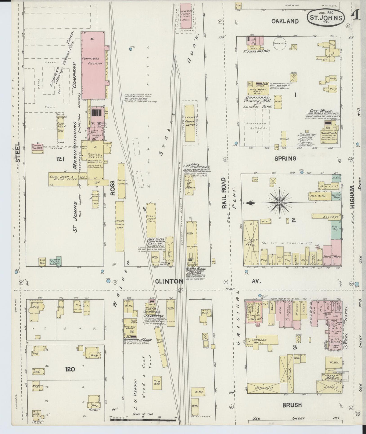 Sanborn Fire Insurance Map from Saint Johns, Clinton County, Michigan (1890), Sheet #0004 - Historic Sanborn Fire Insurance Map Print, vintage old map wall art, antique decor, genealogy gift, Michigan Michigan map