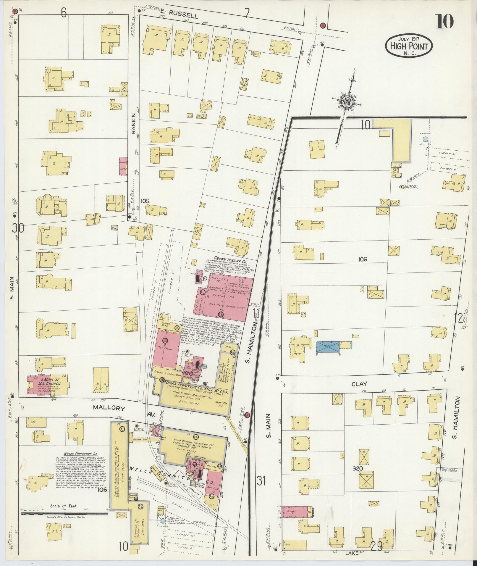 Sanborn Fire Insurance Map from High Point, Guilford County, North Carolina (1917), Sheet #0010 - Complete Map Set gallery image, historic Sanborn map, vintage wall art, North Carolina North Carolina