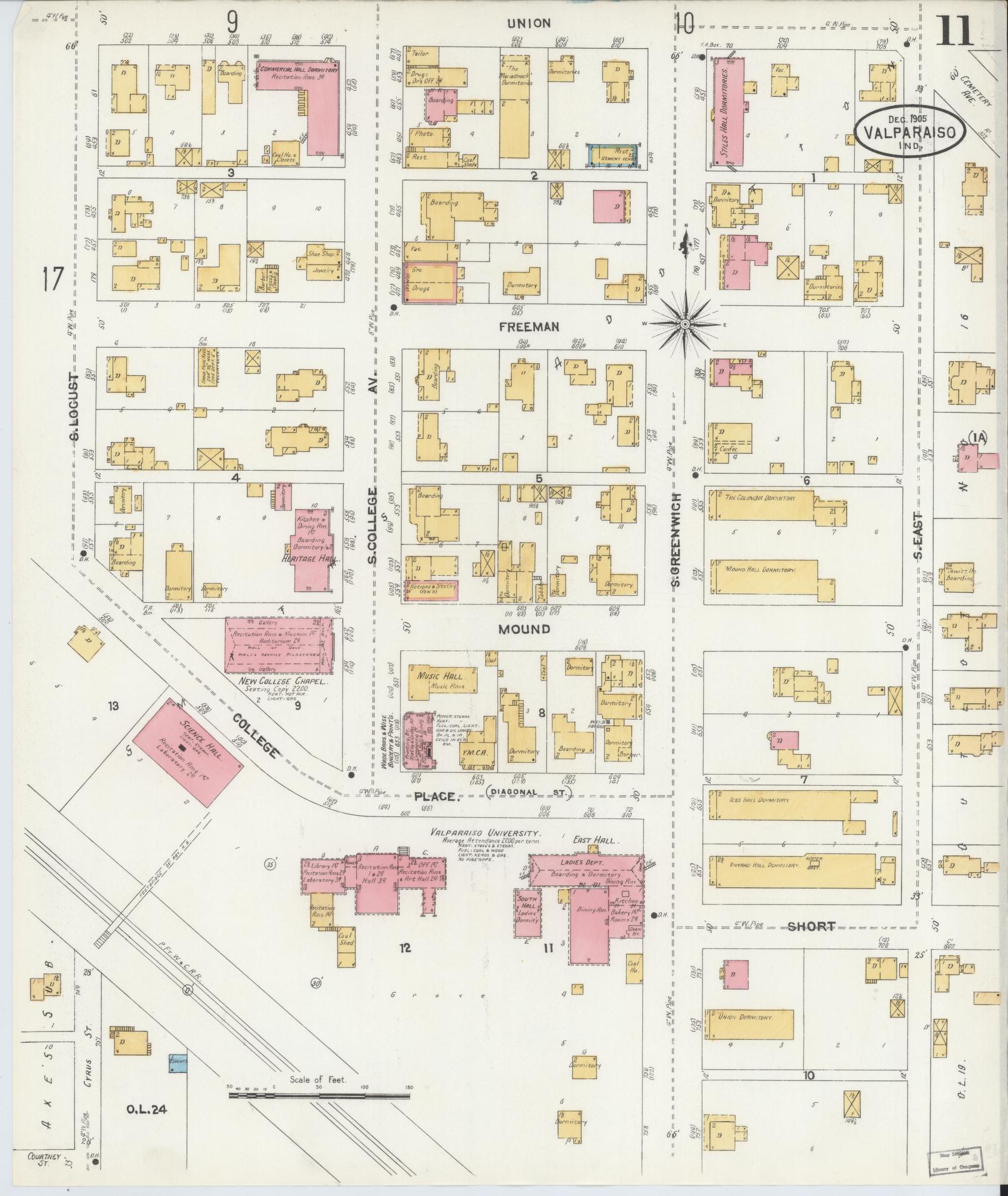 Sanborn Fire Insurance Map from Valparaiso, Porter County, Indiana (1905), Sheet #0011 - Complete Map Set gallery image, historic Sanborn map, vintage wall art, Indiana Indiana