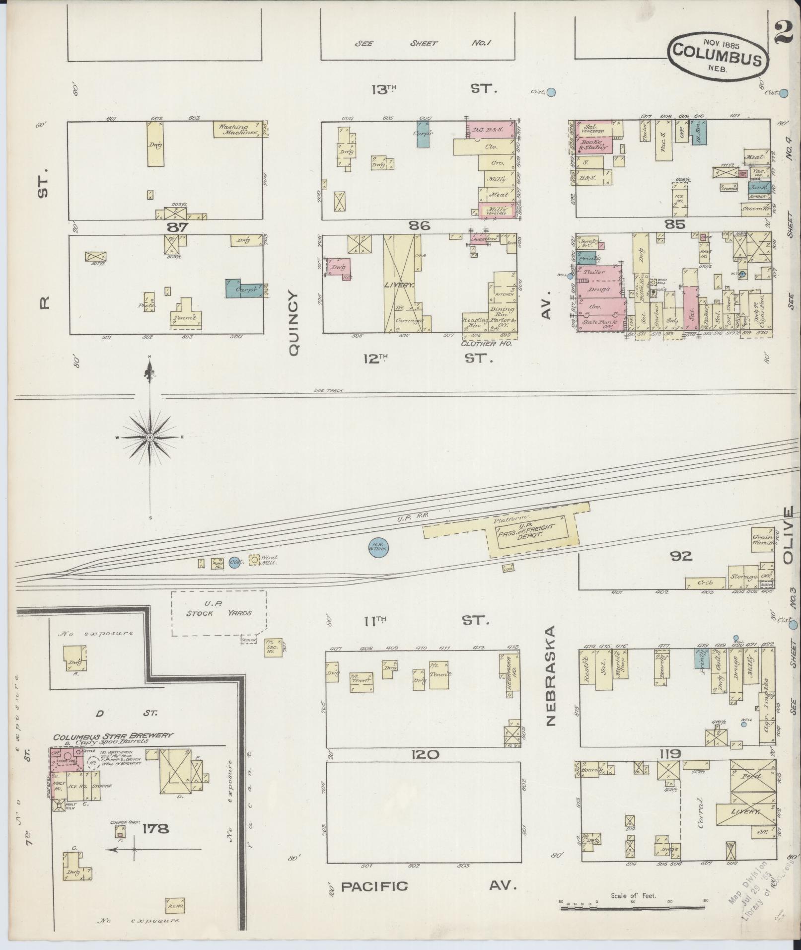 Sanborn Fire Insurance Map from Columbus, Platte County, Nebraska (1885), Sheet #0002 - Historic Sanborn Fire Insurance Map Print, vintage old map wall art, antique decor, genealogy gift, Nebraska Nebraska map