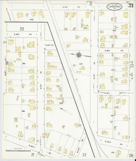 Sanborn Fire Insurance Map from Corsicana, Navarro County, Texas (1910), Sheet #0021 - Historic Sanborn Fire Insurance Map Print, vintage old map wall art, antique decor, genealogy gift, Texas Texas map