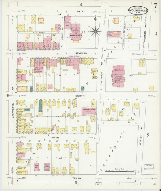 Sanborn Fire Insurance Map from Moundsville, Marshall County, West Virginia (1909), Sheet #0007 - Historic Sanborn Fire Insurance Map Print, vintage old map wall art, antique decor, genealogy gift, West Virginia West Virginia map