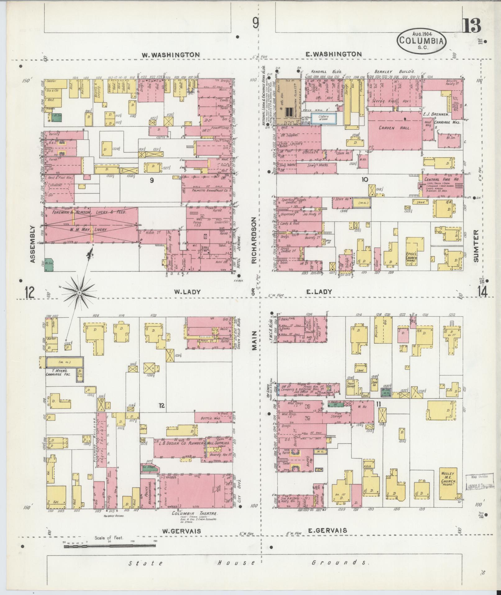 Sanborn Fire Insurance Map from Columbia, Richland County, South Carolina (1904), Sheet #0013 - Historic Sanborn Fire Insurance Map Print, vintage old map wall art, antique decor, genealogy gift, South Carolina South Carolina map