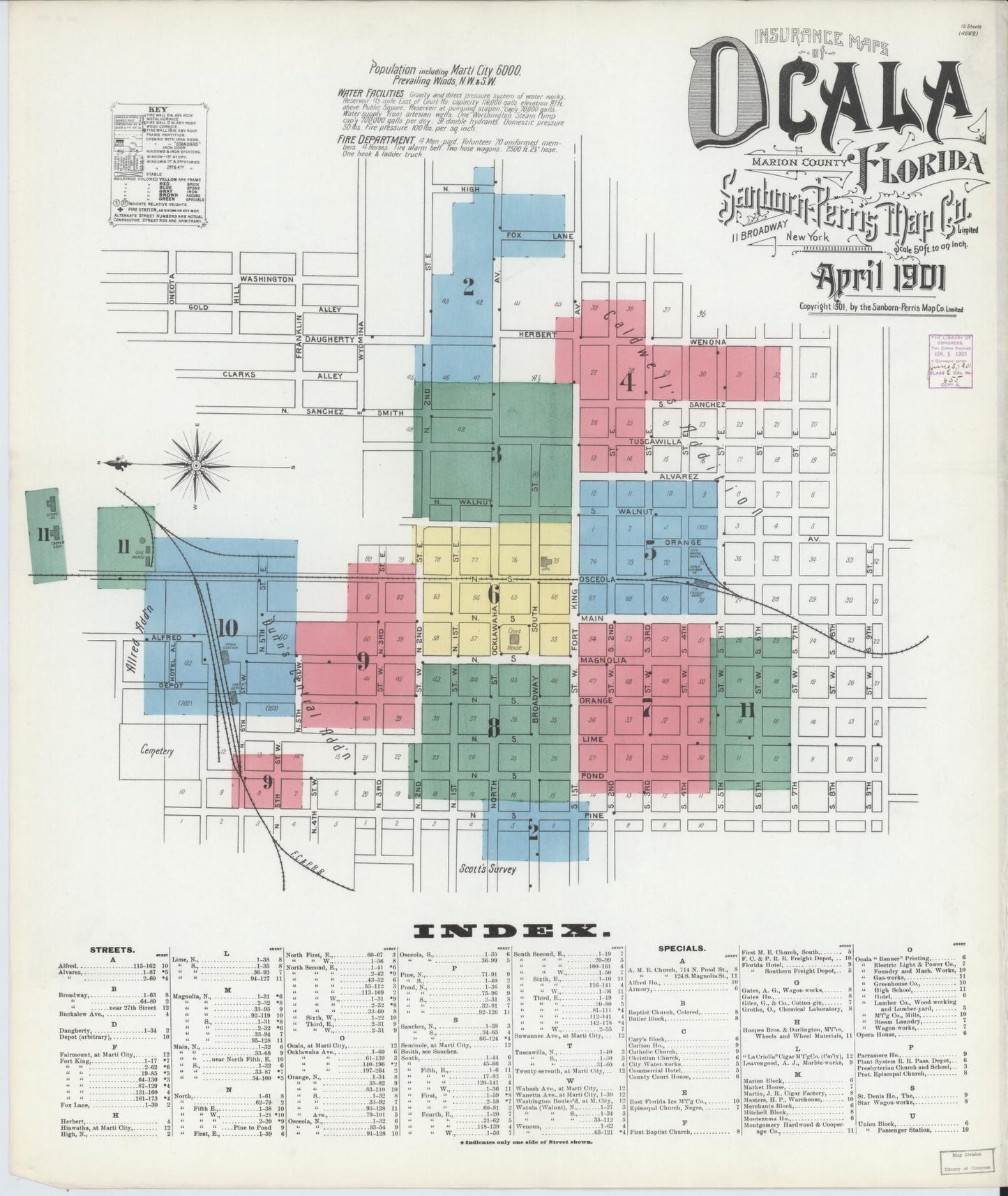 Sanborn Fire Insurance Map from Ocala, Marion County, Florida (1901), Sheet #0001 - Historic Sanborn Fire Insurance Map Print, vintage old map wall art, antique decor, genealogy gift, Florida Florida map
