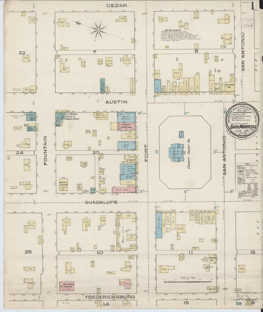 Sanborn Fire Insurance Map from San Marcos, Hays County, Texas (1885), Sheet #0001 - Historic Sanborn Fire Insurance Map Print, vintage old map wall art, antique decor, genealogy gift, Texas Texas map