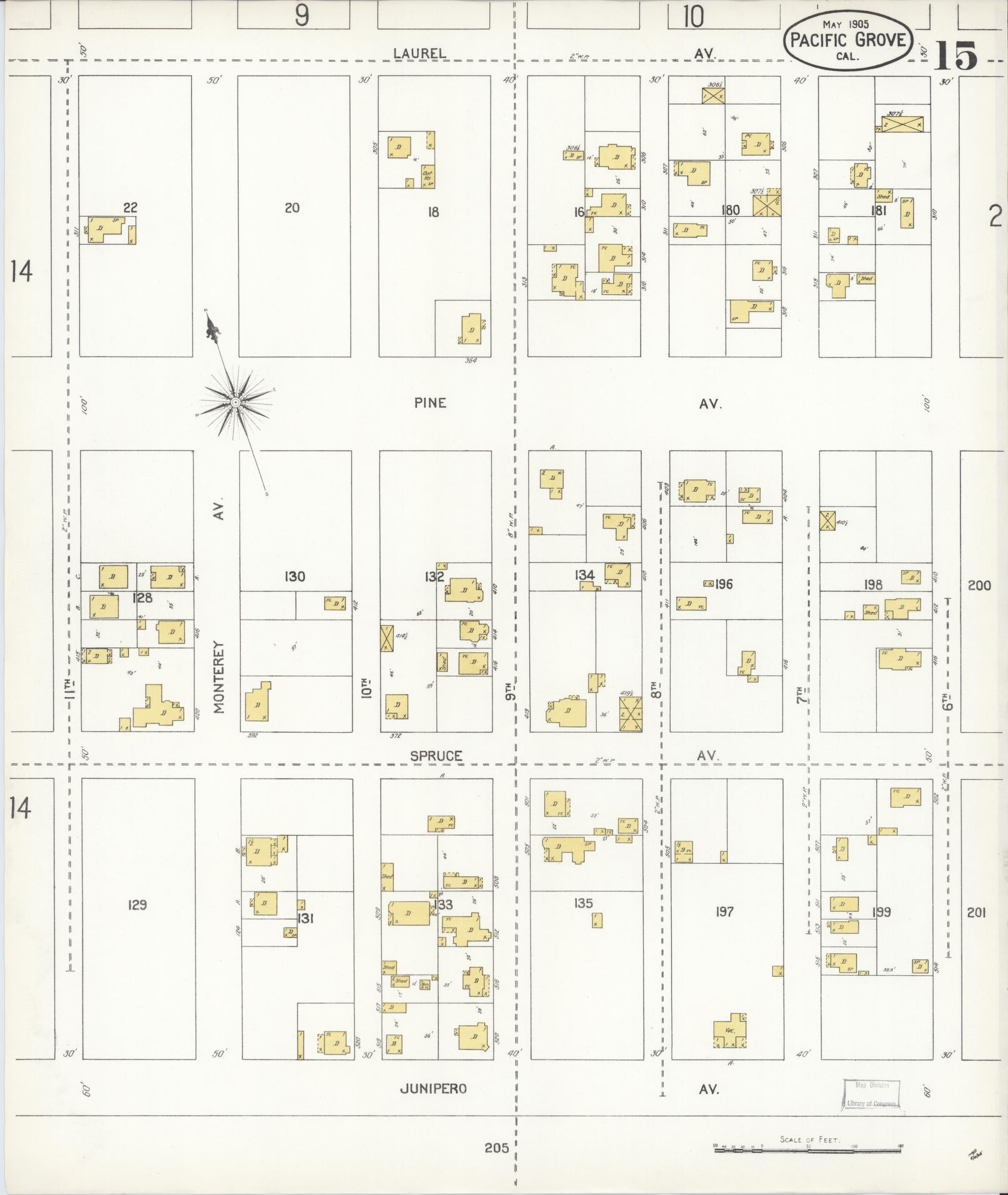 Sanborn Fire Insurance Map from Pacific Grove, Monterey County, California (1905), Sheet #0015 - Complete Map Set gallery image, historic Sanborn map, vintage wall art, California California
