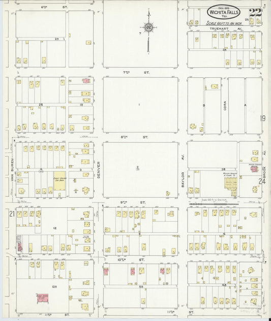 Sanborn Fire Insurance Map from Wichita Falls, Wichita County, Texas (1915), Sheet #0022 - Historic Sanborn Fire Insurance Map Print, vintage old map wall art, antique decor, genealogy gift, Texas Texas map