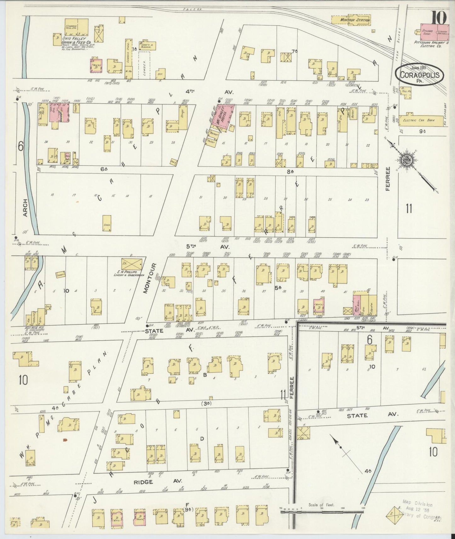 Sanborn Fire Insurance Map from Coraopolis, Allegheny County, Pennsylvania (1911), Sheet #0010 - Historic Sanborn Fire Insurance Map Print, vintage old map wall art, antique decor, genealogy gift, Pennsylvania Pennsylvania map