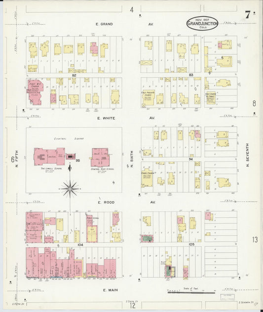 Sanborn Fire Insurance Map from Grand Junction, Mesa County, Colorado (1907), Sheet #0007 - Historic Sanborn Fire Insurance Map Print, vintage old map wall art, antique decor, genealogy gift, Colorado Colorado map