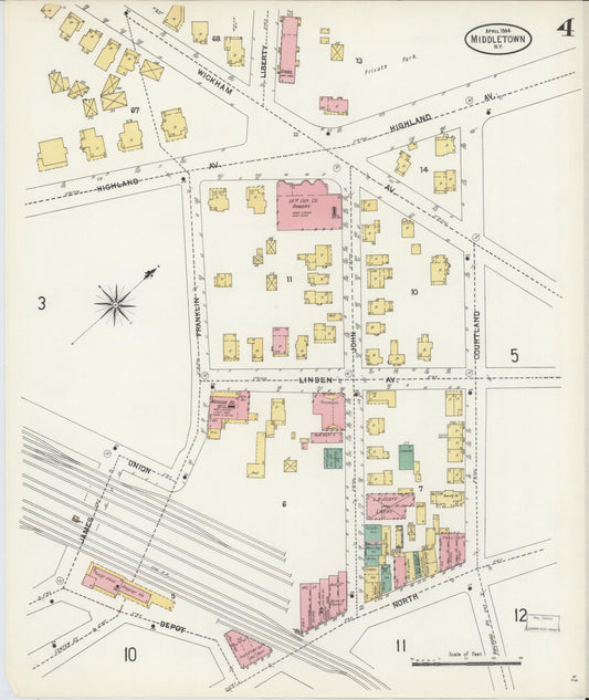 Sanborn Fire Insurance Map from Middletown, Orange County, New York (1904), Sheet #0004 - Historic Sanborn Fire Insurance Map Print, vintage old map wall art, antique decor, genealogy gift, New York New York map