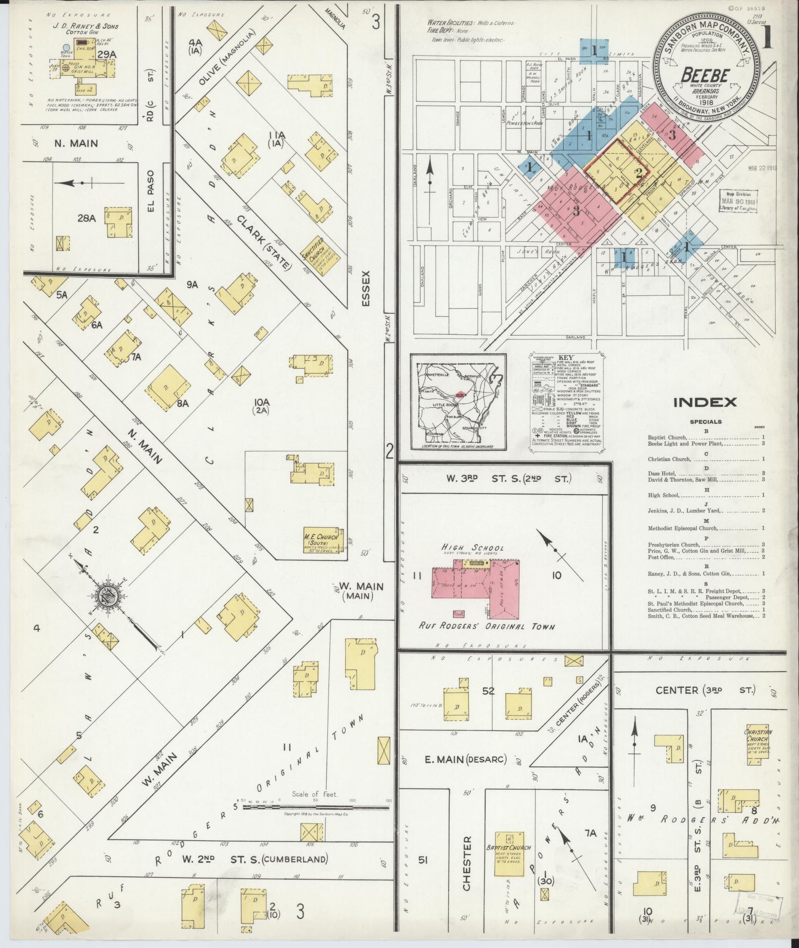 Sanborn Fire Insurance Map from Beebe, White County, Arkansas (1918), Sheet #0001 - Complete Map Set gallery image, historic Sanborn map, vintage wall art, Arkansas Arkansas