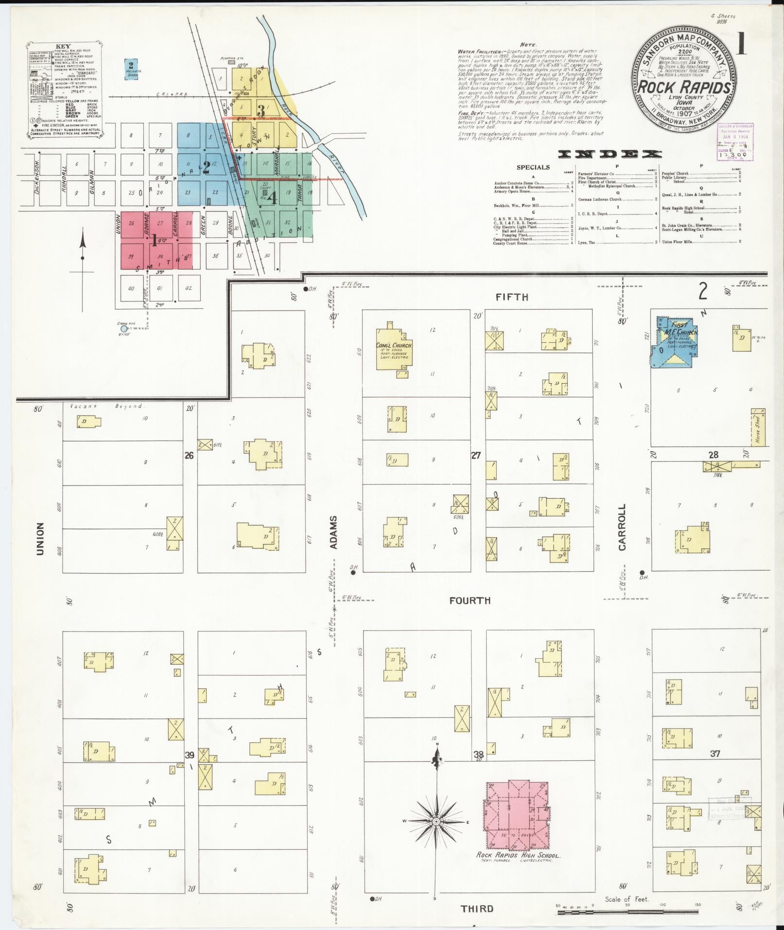 Sanborn Fire Insurance Map from Rock Rapids, Lyon County, Iowa (1907), Sheet #0001 - Historic Sanborn Fire Insurance Map Print, vintage old map wall art