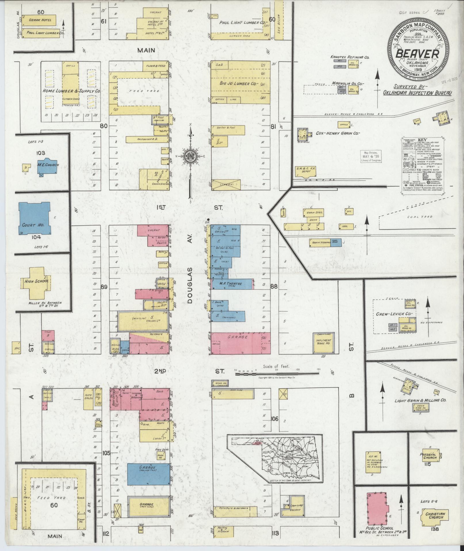 Sanborn Fire Insurance Map from Beaver, Beaver County, Oklahoma (1919), Sheet #0001 - Historic Sanborn Fire Insurance Map Print, vintage old map wall art, antique decor, genealogy gift, Oklahoma Oklahoma map
