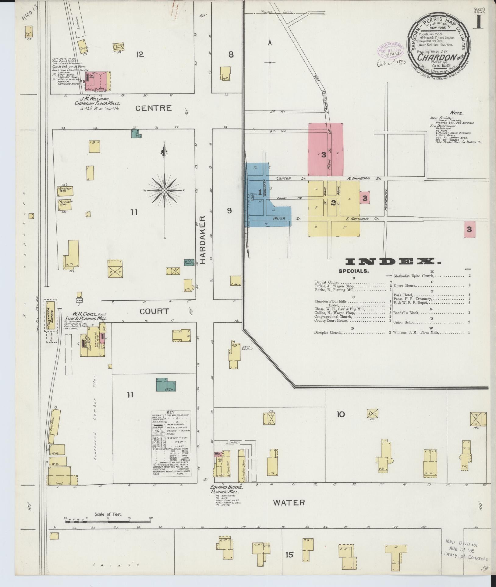 Sanborn Fire Insurance Map from Chardon, Geauga County, Ohio (1893), Sheet #0001 - Historic Sanborn Fire Insurance Map Print, vintage old map wall art, antique decor, genealogy gift, Ohio Ohio map