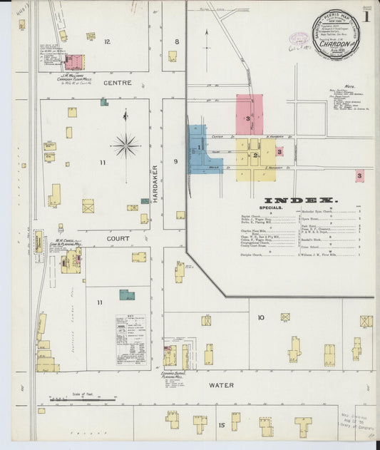 Sanborn Fire Insurance Map from Chardon, Geauga County, Ohio (1893), Sheet #0001 - Historic Sanborn Fire Insurance Map Print, vintage old map wall art, antique decor, genealogy gift, Ohio Ohio map