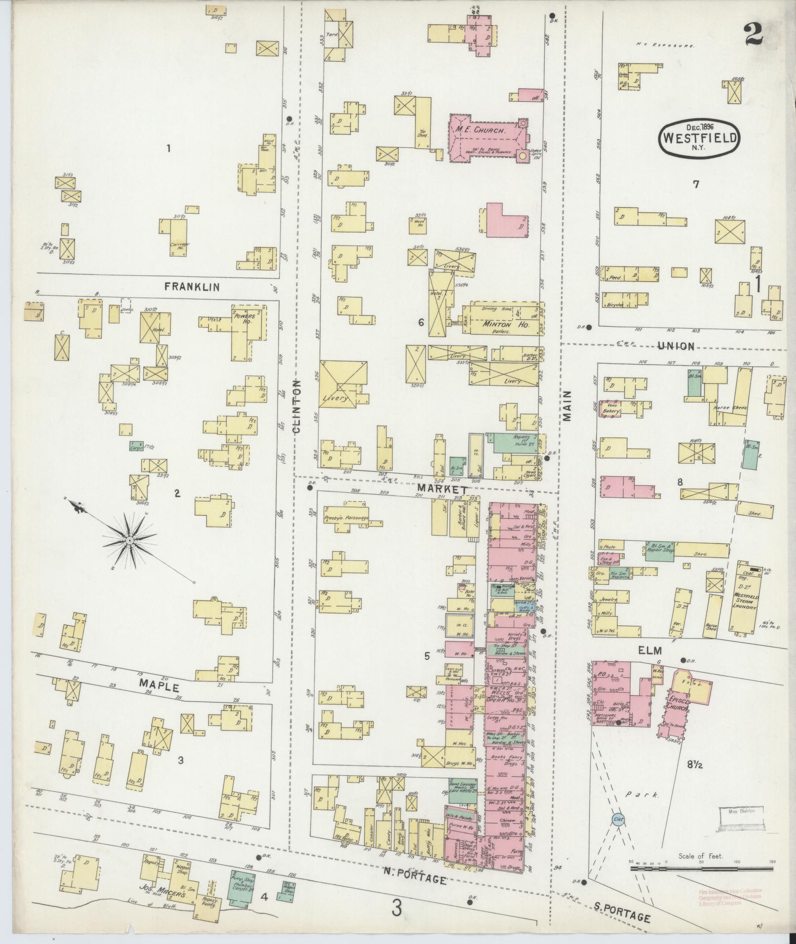 Sanborn Fire Insurance Map from Westfield, Chautauqua County, New York (1896), Sheet #0002 - Historic Sanborn Fire Insurance Map Print, vintage old map wall art, antique decor, genealogy gift, New York New York map