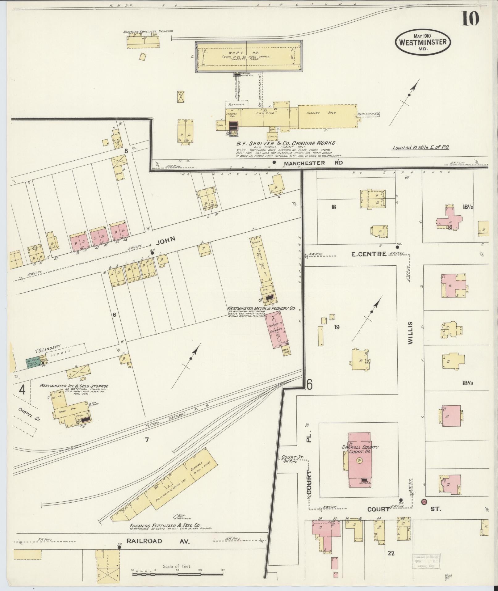 Sanborn Fire Insurance Map from Westminster, Carroll County, Maryland (1910), Sheet #0010 - Historic Sanborn Fire Insurance Map Print, vintage old map wall art