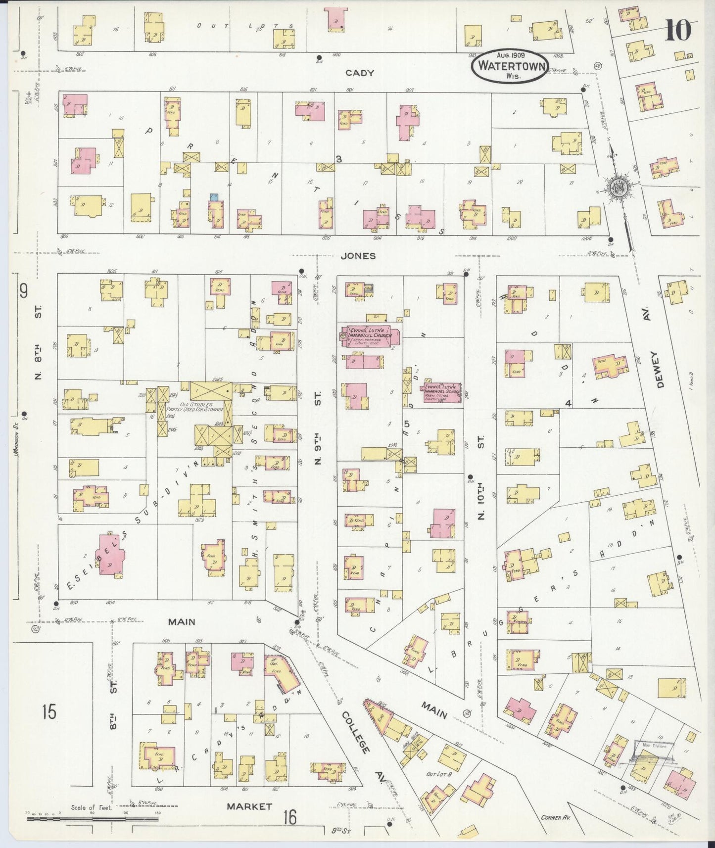 Sanborn Fire Insurance Map from Watertown, Jefferson County, Wisconsin (1909), Sheet #0010 - Complete Map Set gallery image, historic Sanborn map, vintage wall art, Wisconsin Wisconsin