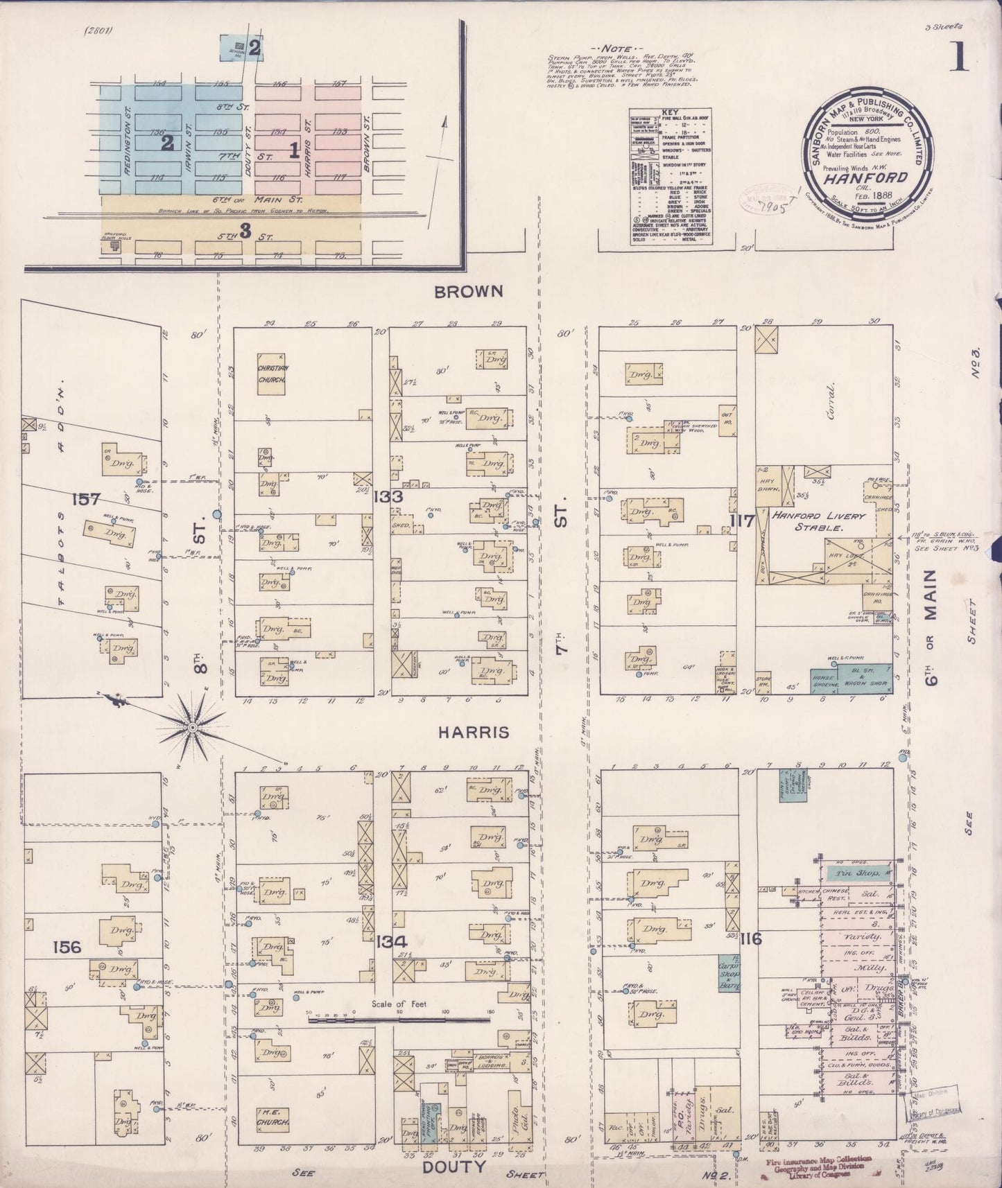Sanborn Fire Insurance Map from Hanford, Kings County, California (1888), Sheet #0001 - Historic Sanborn Fire Insurance Map Print, vintage old map wall art, antique decor, genealogy gift, California California map