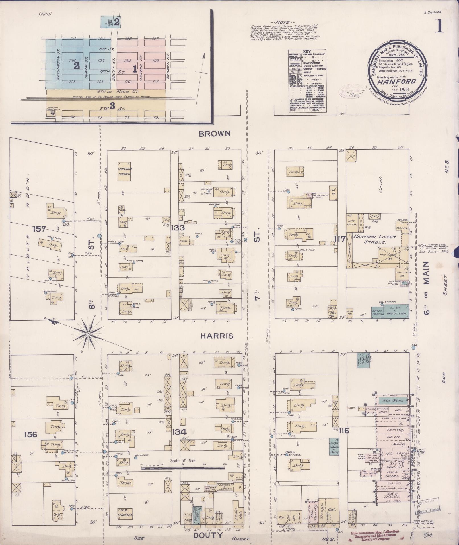 Sanborn Fire Insurance Map from Hanford, Kings County, California (1888), Sheet #0001 - Historic Sanborn Fire Insurance Map Print, vintage old map wall art, antique decor, genealogy gift, California California map