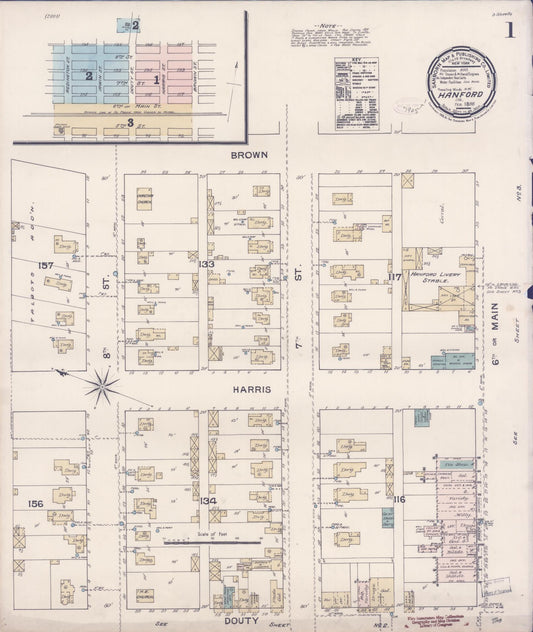 Sanborn Fire Insurance Map from Hanford, Kings County, California (1888), Sheet #0001 - Historic Sanborn Fire Insurance Map Print, vintage old map wall art, antique decor, genealogy gift, California California map