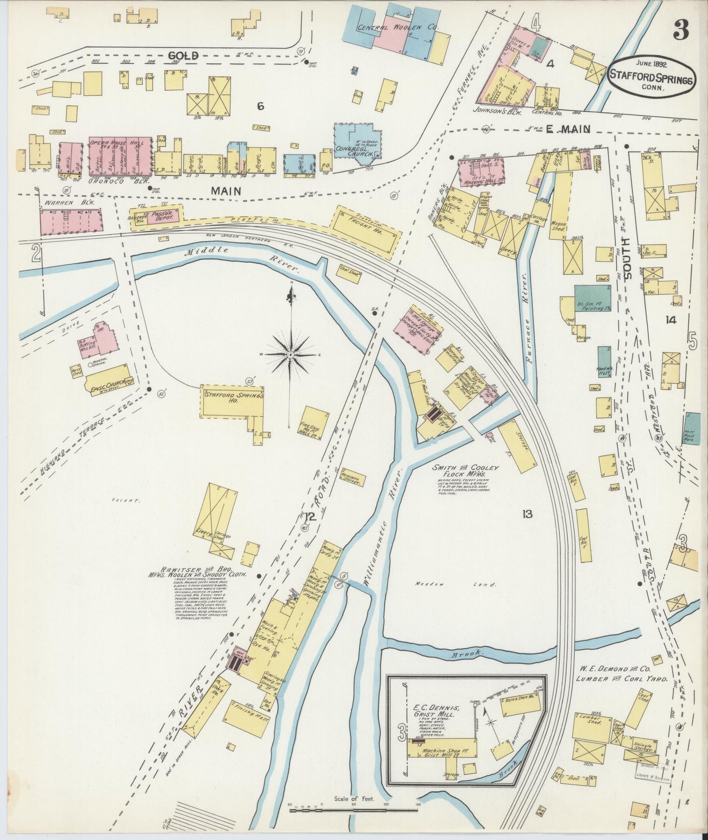 Sanborn Fire Insurance Map from Stafford Springs, Tolland County, Connecticut (1892), Sheet #0003 - Historic Sanborn Fire Insurance Map Print, vintage old map wall art, antique decor, genealogy gift, Connecticut Connecticut map