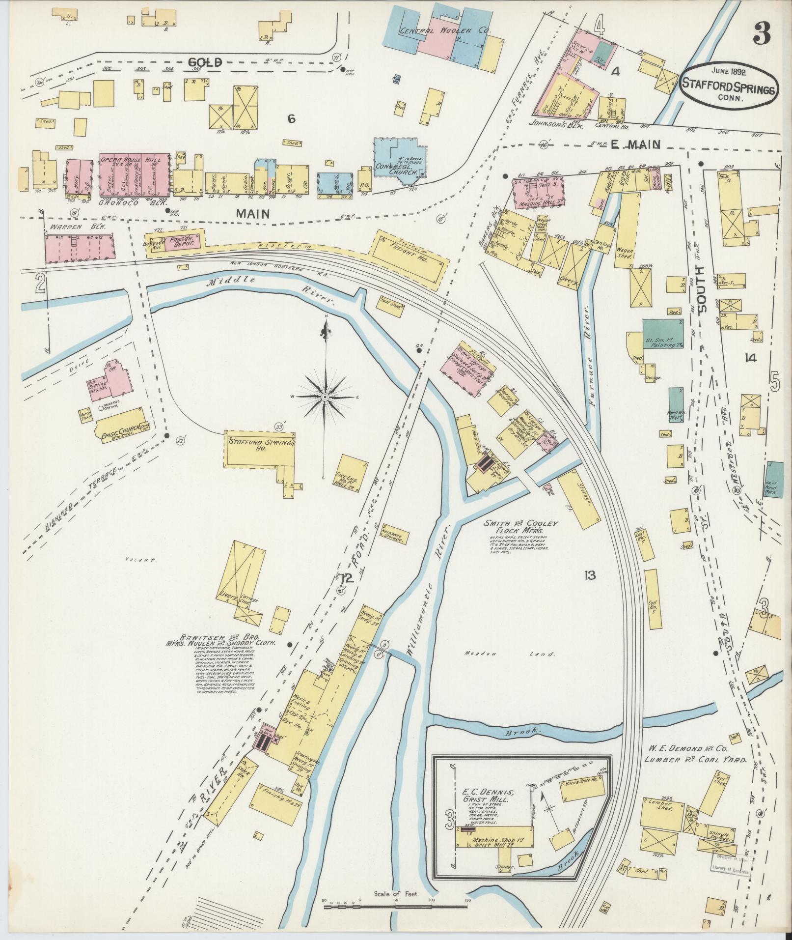 Sanborn Fire Insurance Map from Stafford Springs, Tolland County, Connecticut (1892), Sheet #0003 - Historic Sanborn Fire Insurance Map Print, vintage old map wall art, antique decor, genealogy gift, Connecticut Connecticut map