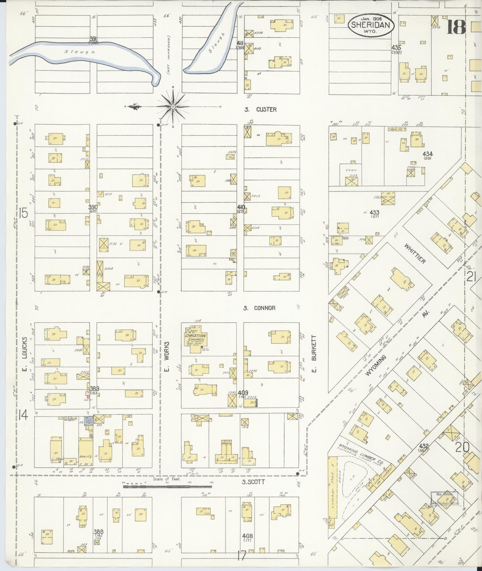 Sanborn Fire Insurance Map from Sheridan, Sheridan County, Wyoming (1908), Sheet #0018 - Historic Sanborn Fire Insurance Map Print, vintage old map wall art, antique decor, genealogy gift, Wyoming Wyoming map