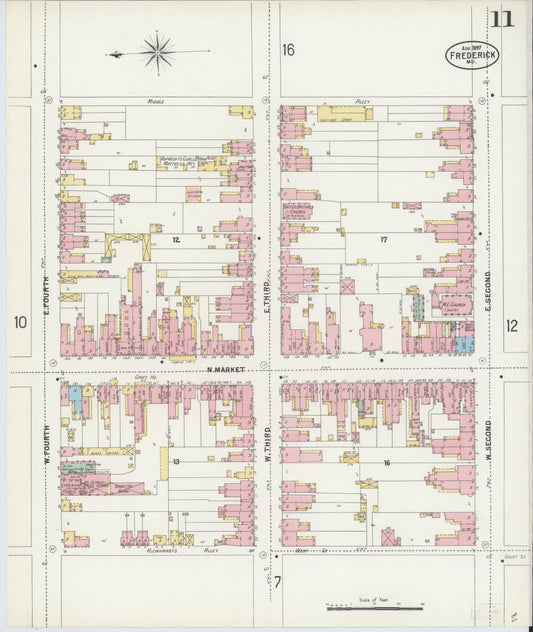Frederick, Maryland - 1897 - Sanborn Fire Insurance Map, Sheet #0011 - Historic Sanborn Fire Insurance Map Print, Frederick Maryland 1897 0011 vintage old map wall art