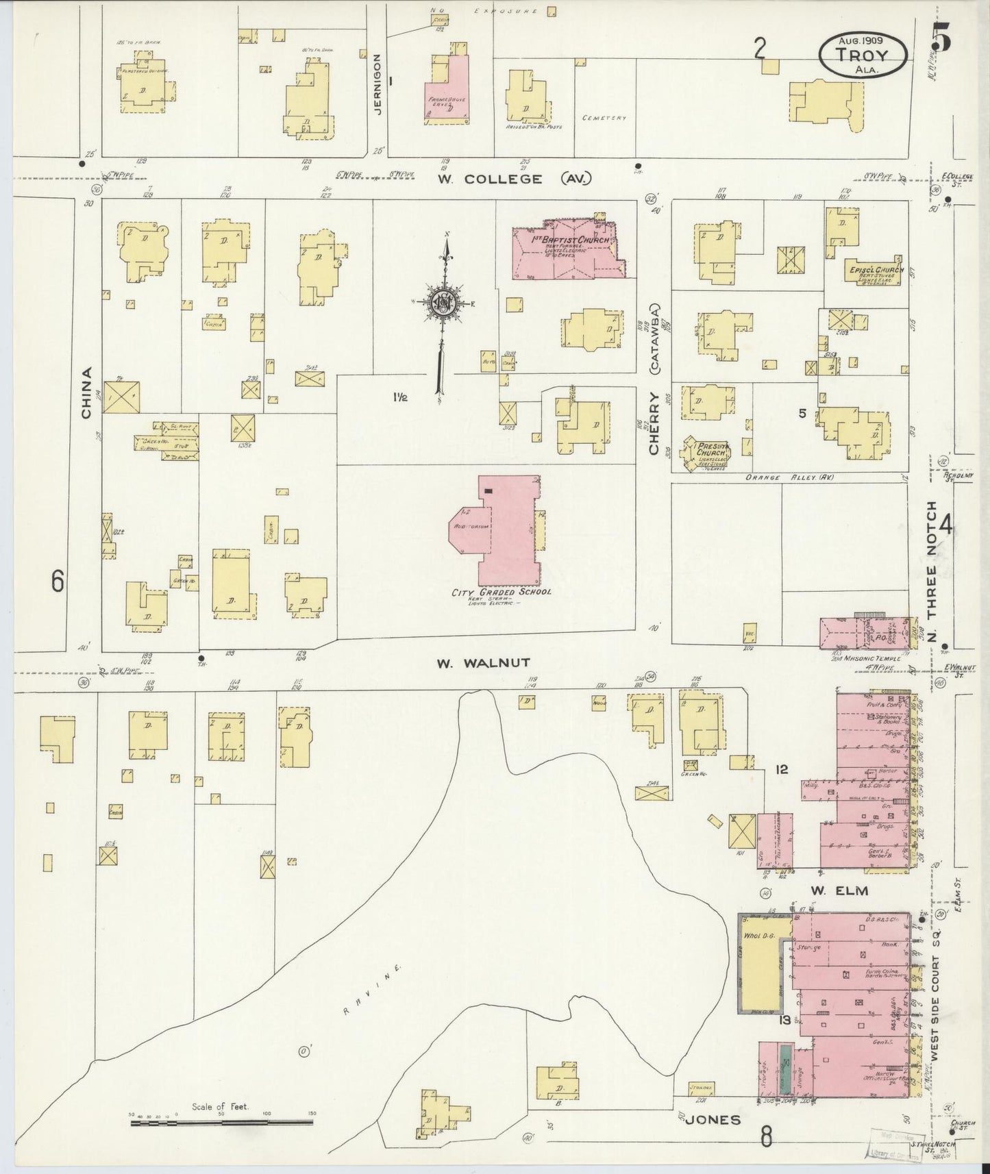 Sanborn Fire Insurance Map from Troy, Pike County, Alabama (1909), Sheet #0005 - Historic Sanborn Fire Insurance Map Print, vintage old map wall art, antique decor, genealogy gift, Alabama Alabama map