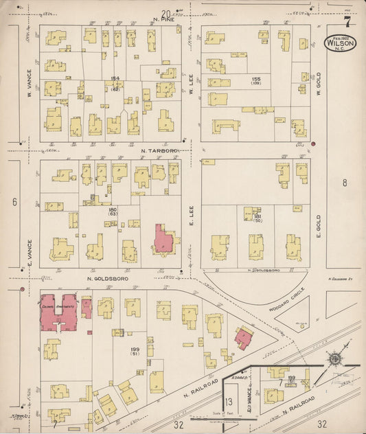 Sanborn Fire Insurance Map from Wilson, Wilson County, North Carolina (1922), Sheet #0007 - Historic Sanborn Fire Insurance Map Print, vintage old map wall art, antique decor, genealogy gift, North Carolina North Carolina map