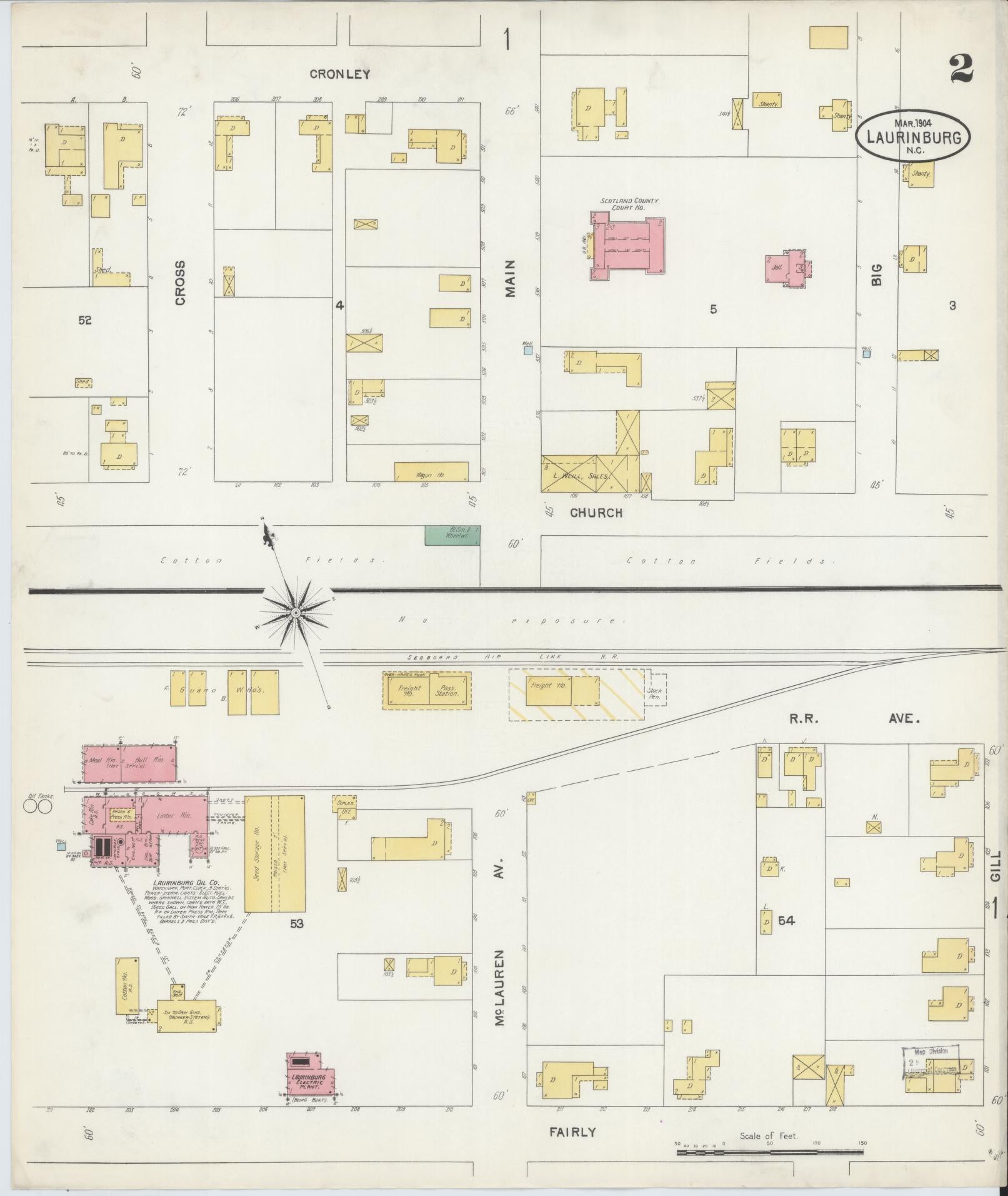 Sanborn Fire Insurance Map from Laurinburg, Scotland County, North Carolina (1904), Sheet #0002 - Complete Map Set gallery image, historic Sanborn map, vintage wall art, North Carolina North Carolina