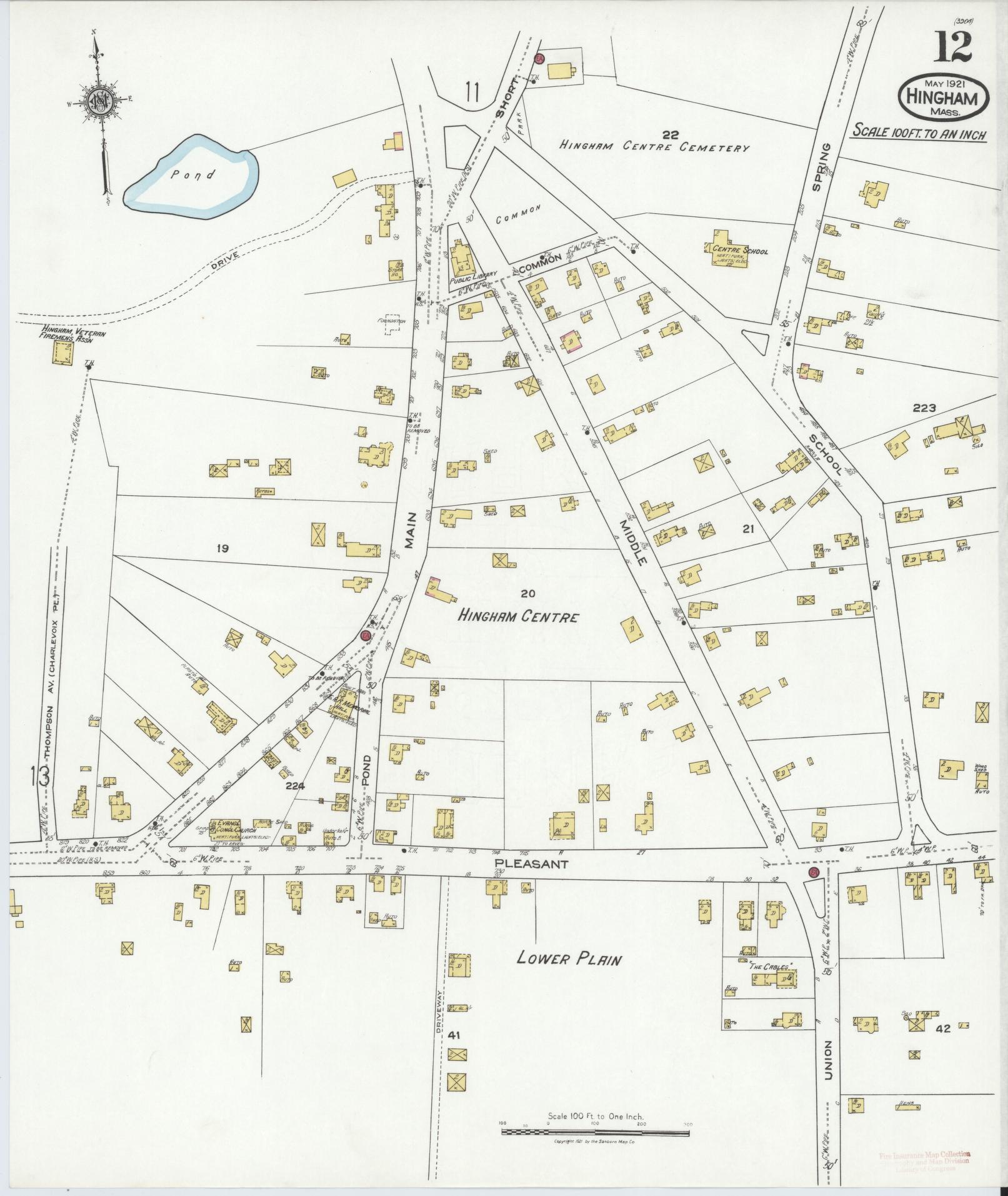Sanborn Fire Insurance Map from Hingham, Plymouth County, Massachusetts (1921), Sheet #0012 - Historic Sanborn Fire Insurance Map Print, vintage old map wall art, antique decor, genealogy gift, Massachusetts Massachusetts map