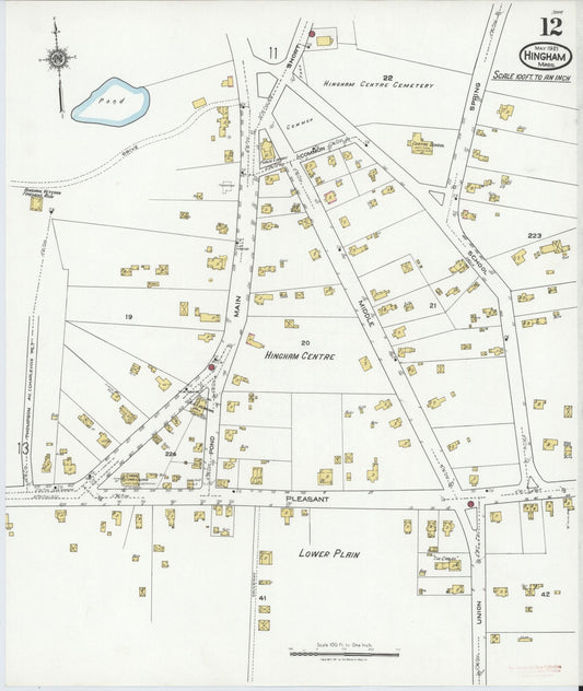 Sanborn Fire Insurance Map from Hingham, Plymouth County, Massachusetts (1921), Sheet #0012 - Historic Sanborn Fire Insurance Map Print, vintage old map wall art, antique decor, genealogy gift, Massachusetts Massachusetts map