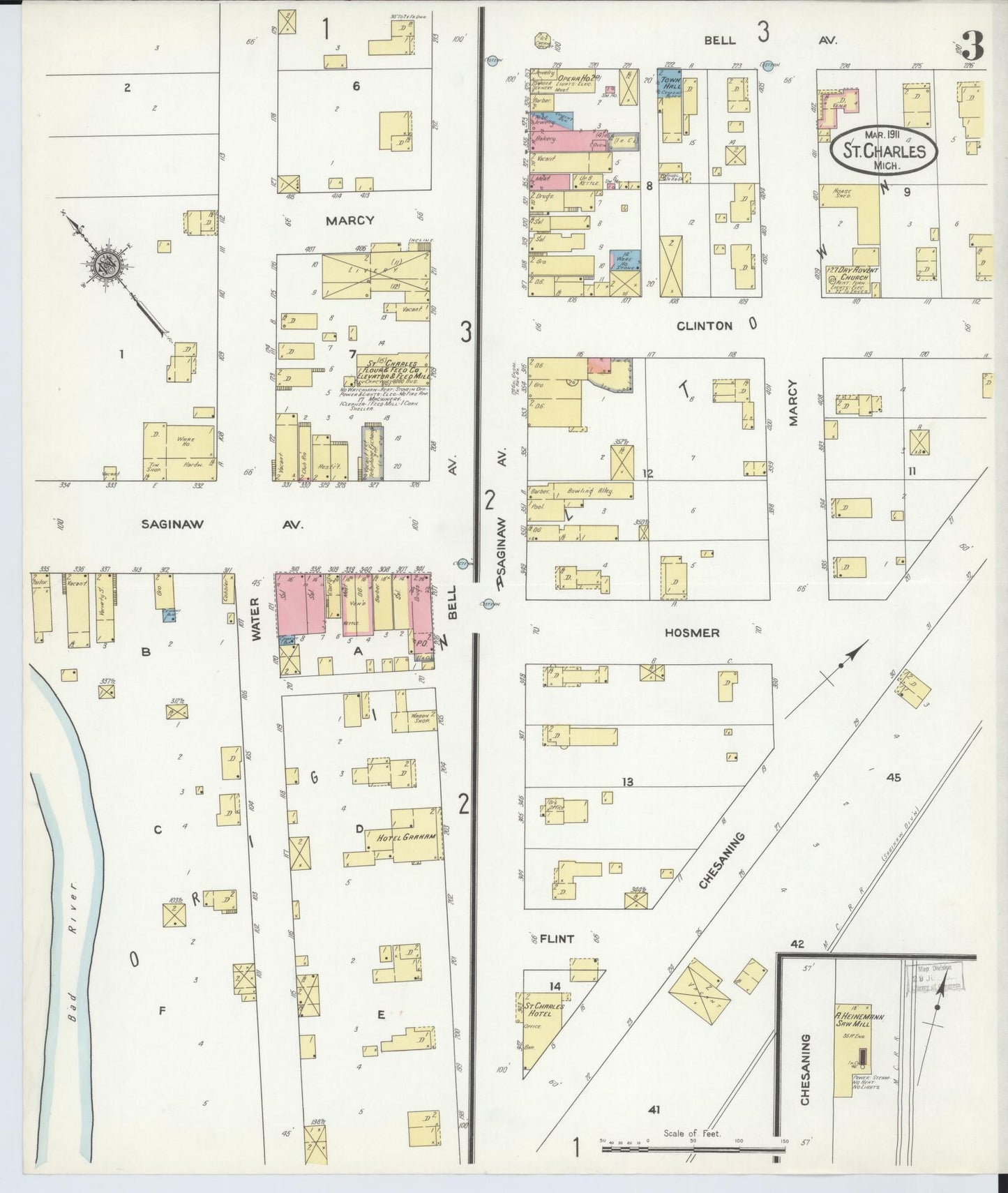 Sanborn Fire Insurance Map from Saint Charles, Saginaw County, Michigan (1911), Sheet #0003 - Historic Sanborn Fire Insurance Map Print, vintage old map wall art, antique decor, genealogy gift, Michigan Michigan map