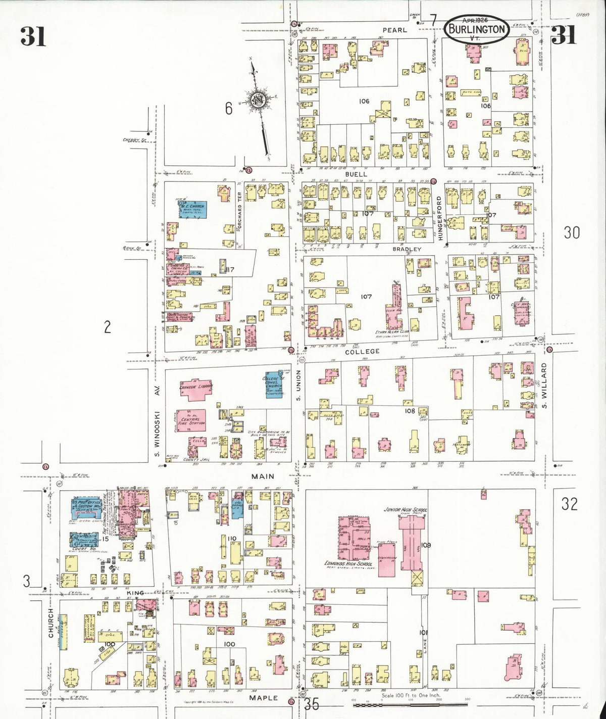 Sanborn Fire Insurance Map from Burlington, Chittenden County, Vermont (1926), Sheet #0031 - Historic Sanborn Fire Insurance Map Print, vintage old map wall art, antique decor, genealogy gift, Vermont Vermont map