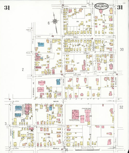 Sanborn Fire Insurance Map from Burlington, Chittenden County, Vermont (1926), Sheet #0031 - Historic Sanborn Fire Insurance Map Print, vintage old map wall art, antique decor, genealogy gift, Vermont Vermont map