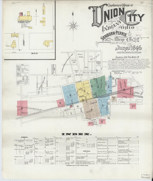 Sanborn Fire Insurance Map from Union City, Randolph County, Indiana (1896), Sheet #0001 - Historic Sanborn Fire Insurance Map Print, vintage old map wall art, antique decor, genealogy gift, Indiana Indiana map