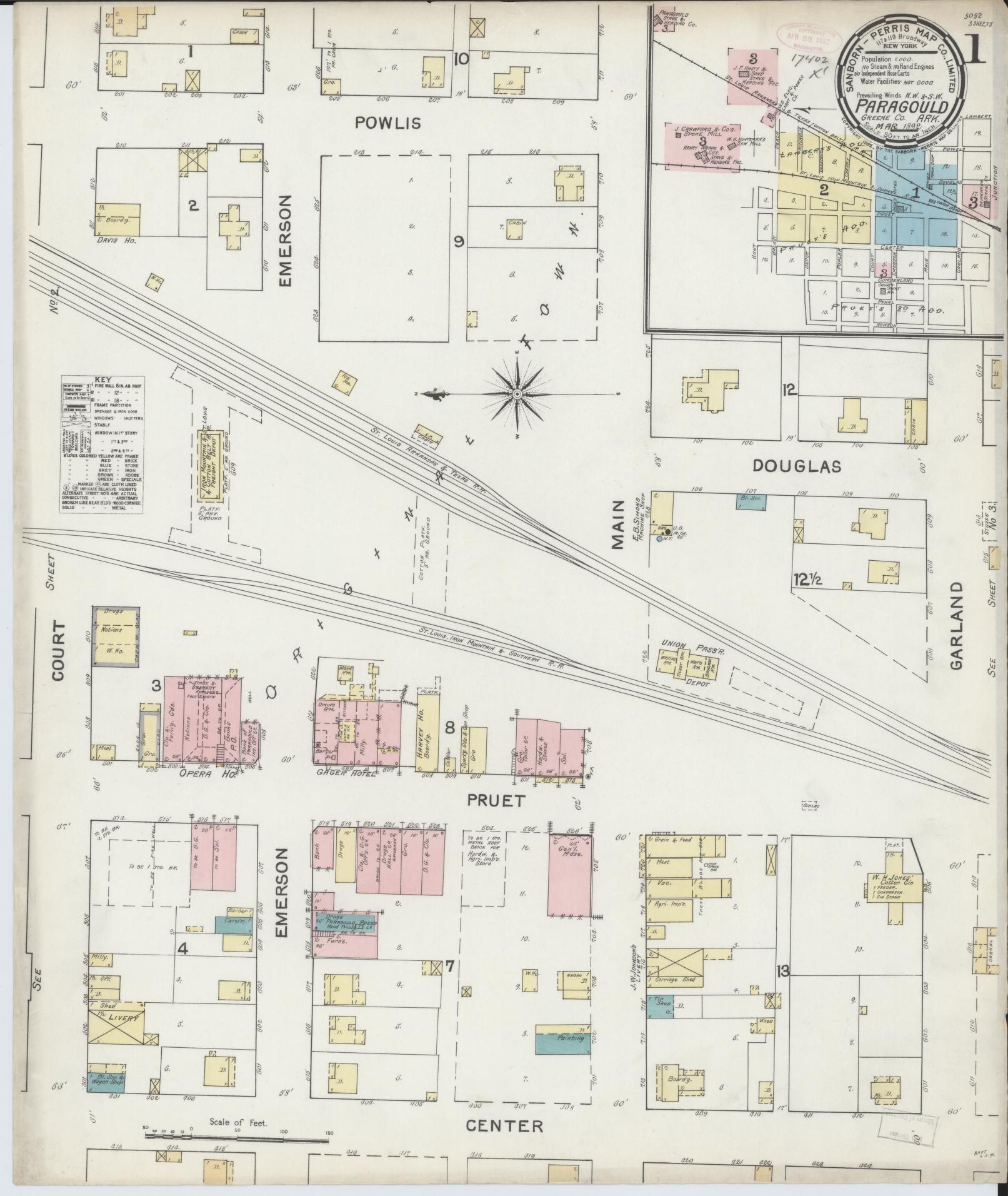 Sanborn Fire Insurance Map from Paragould, Greene County, Arkansas (1892), Sheet #0001 - Historic Sanborn Fire Insurance Map Print, vintage old map wall art, antique decor, genealogy gift, Arkansas Arkansas map