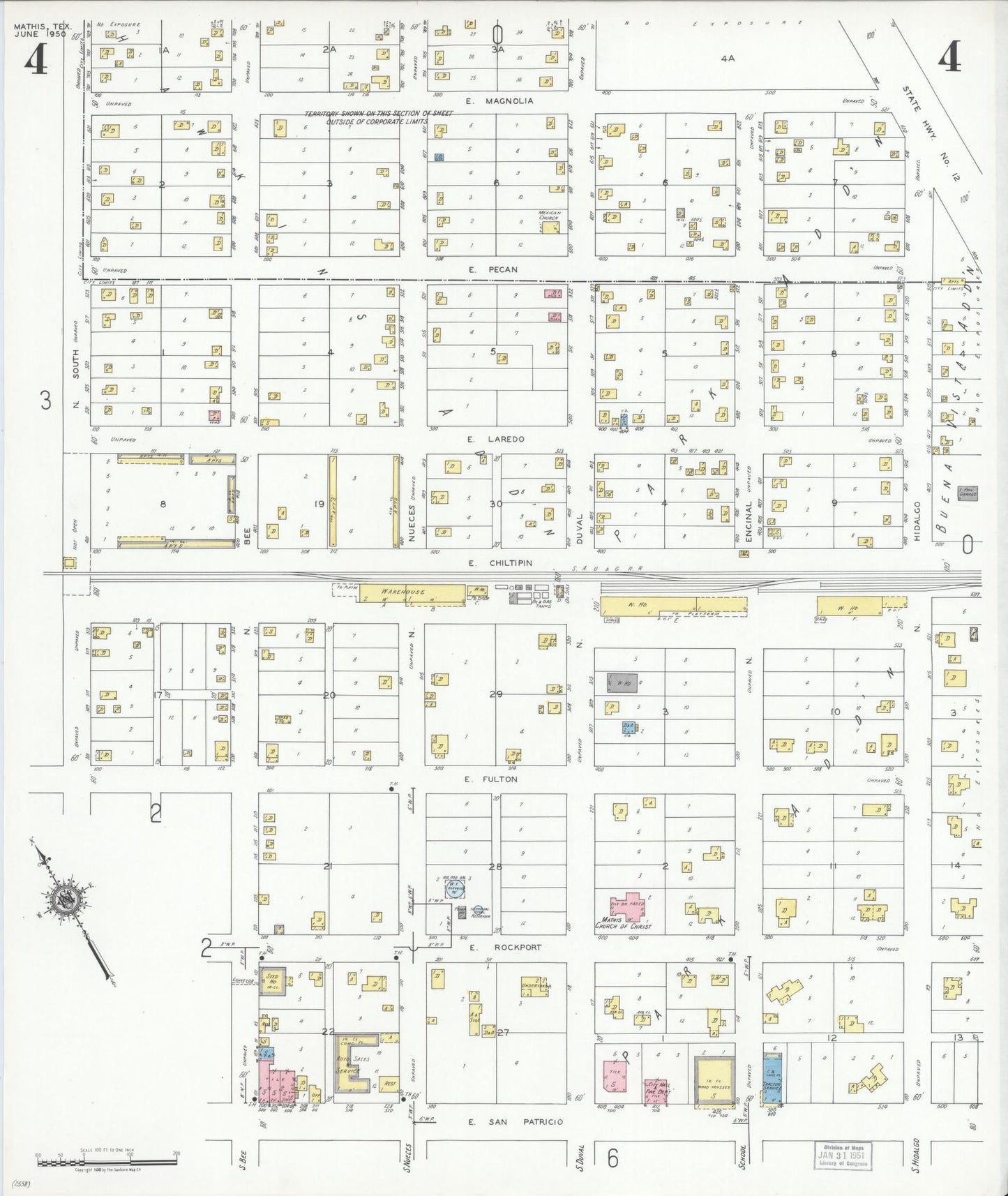 Sanborn Fire Insurance Map from Mathis, San Patricio County, Texas (1950), Sheet #0004 - Historic Sanborn Fire Insurance Map Print, vintage old map wall art, antique decor, genealogy gift, Texas Texas map