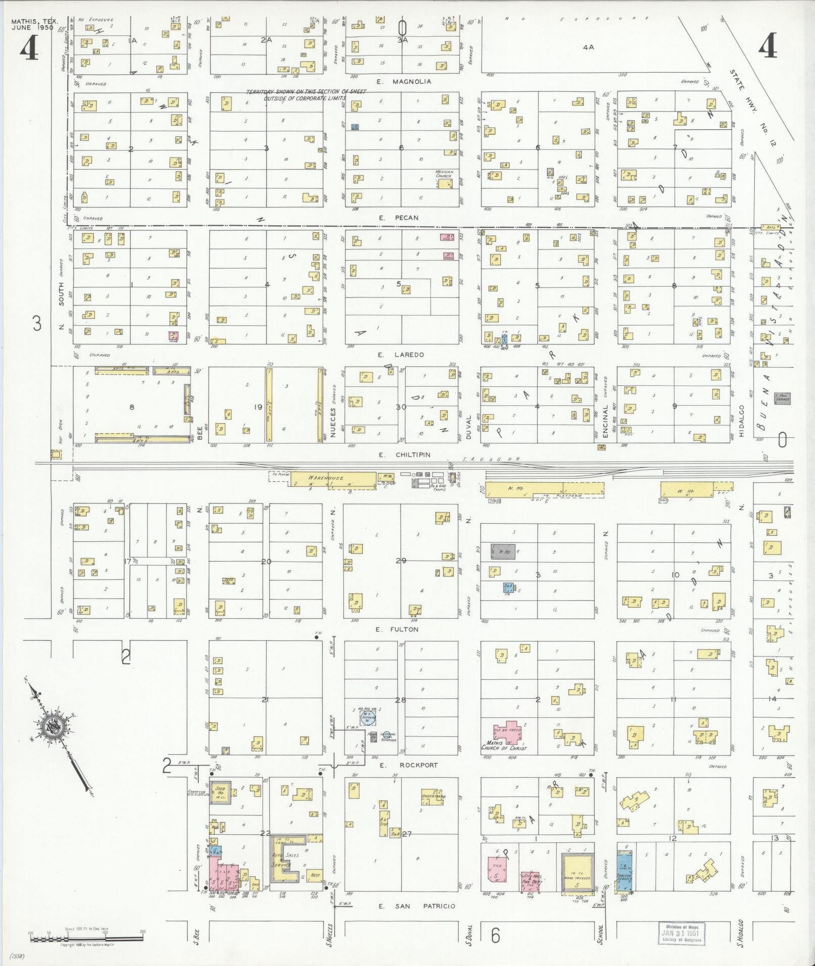 Sanborn Fire Insurance Map from Mathis, San Patricio County, Texas (1950), Sheet #0004 - Historic Sanborn Fire Insurance Map Print, vintage old map wall art, antique decor, genealogy gift, Texas Texas map