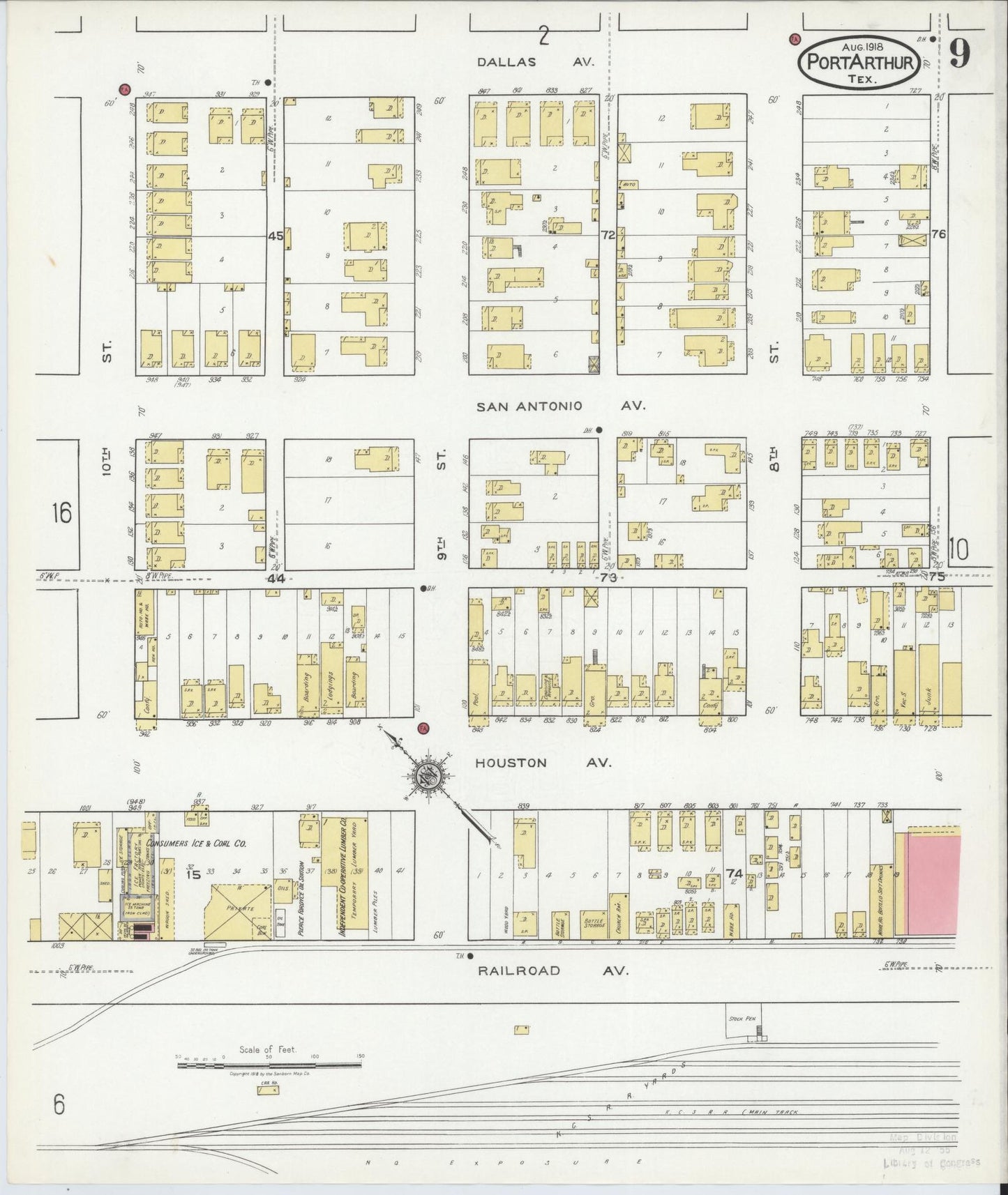 Sanborn Fire Insurance Map from Port Arthur, Jefferson County, Texas (1918), Sheet #0009 - Complete Map Set gallery image, historic Sanborn map, vintage wall art, Texas Texas